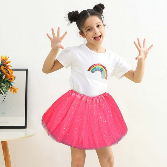 YWDJ Toddler Skirts for Girls Toddler Girls Cute Party Dance Solid Color Net Yarn Sequins Stars Tulle Hot Pink 3-9Years
