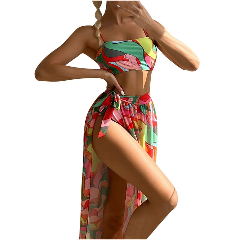 YWDJ Tummy Control Swimsuits for Women 3 Piece Bikini Coverup Skirt  Hawaiian Flower Print Beach Beachwear Fashion Plus Size Bathing Suit  Bathing Suit