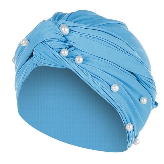 YWDJ Turbans for Women Fashion Women Pearl Beading Hat Ruffle Cancer Chemo Beanie Turban Wrap Cap Blue