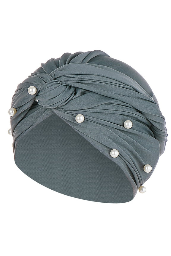 YWDJ Turbans for Women Fashion Women Pearl Beading Hat Ruffle Cancer Chemo Beanie Turban Wrap Cap Gray