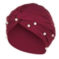 thumbnail image 1 of YWDJ Turbans for Women Fashion Women Pearl Beading Hat Ruffle Cancer Chemo Beanie Turban Wrap Cap Wine, 1 of 2