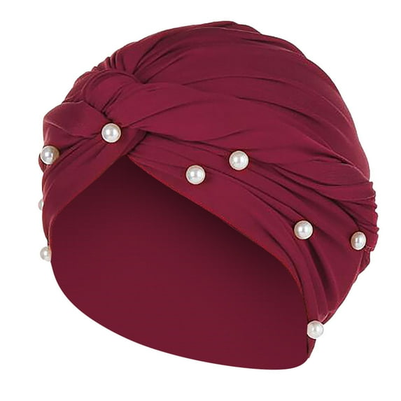 YWDJ Turbans for Women Fashion Women Pearl Beading Hat Ruffle Cancer Chemo Beanie Turban Wrap Cap Wine
