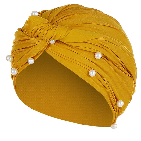 YWDJ Turbans for Women Fashion Women Pearl Beading Hat Ruffle Cancer Chemo Beanie Turban Wrap Cap Yellow