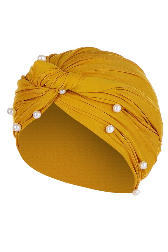 YWDJ Turbans for Women Fashion Women Pearl Beading Hat Ruffle Cancer Chemo Beanie Turban Wrap Cap Yellow