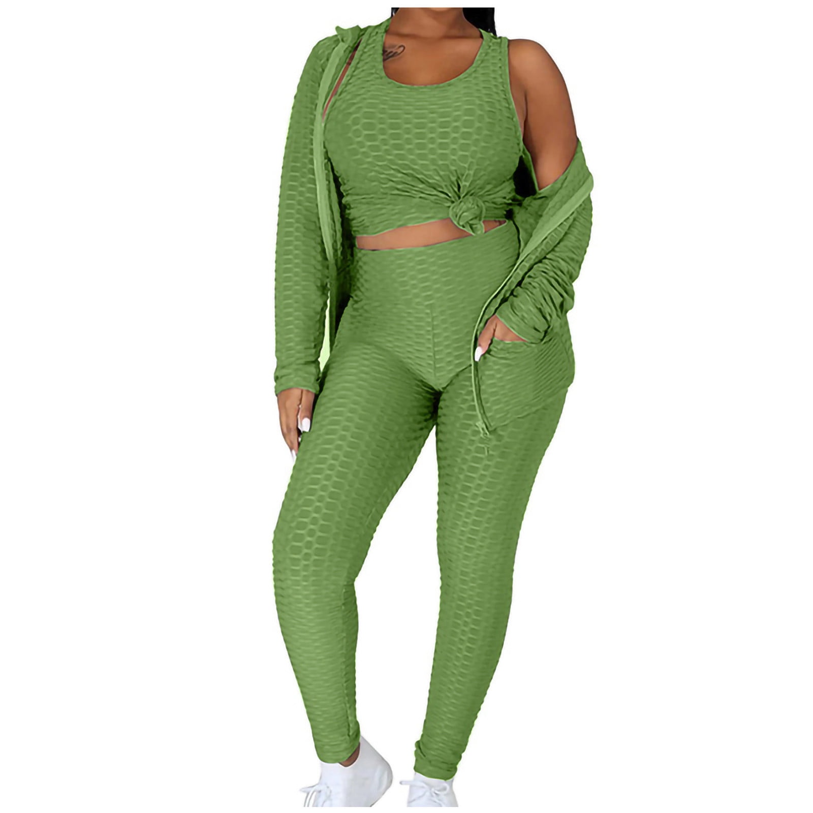 YWDJ Two Piece Outfits for Women Classy Women Hooded Zipper Sweater Yoga  Pants Knitted Sports Three Piece High Elasticity And High Waist Pants  Jacket Vest Yoga Set Green XS 