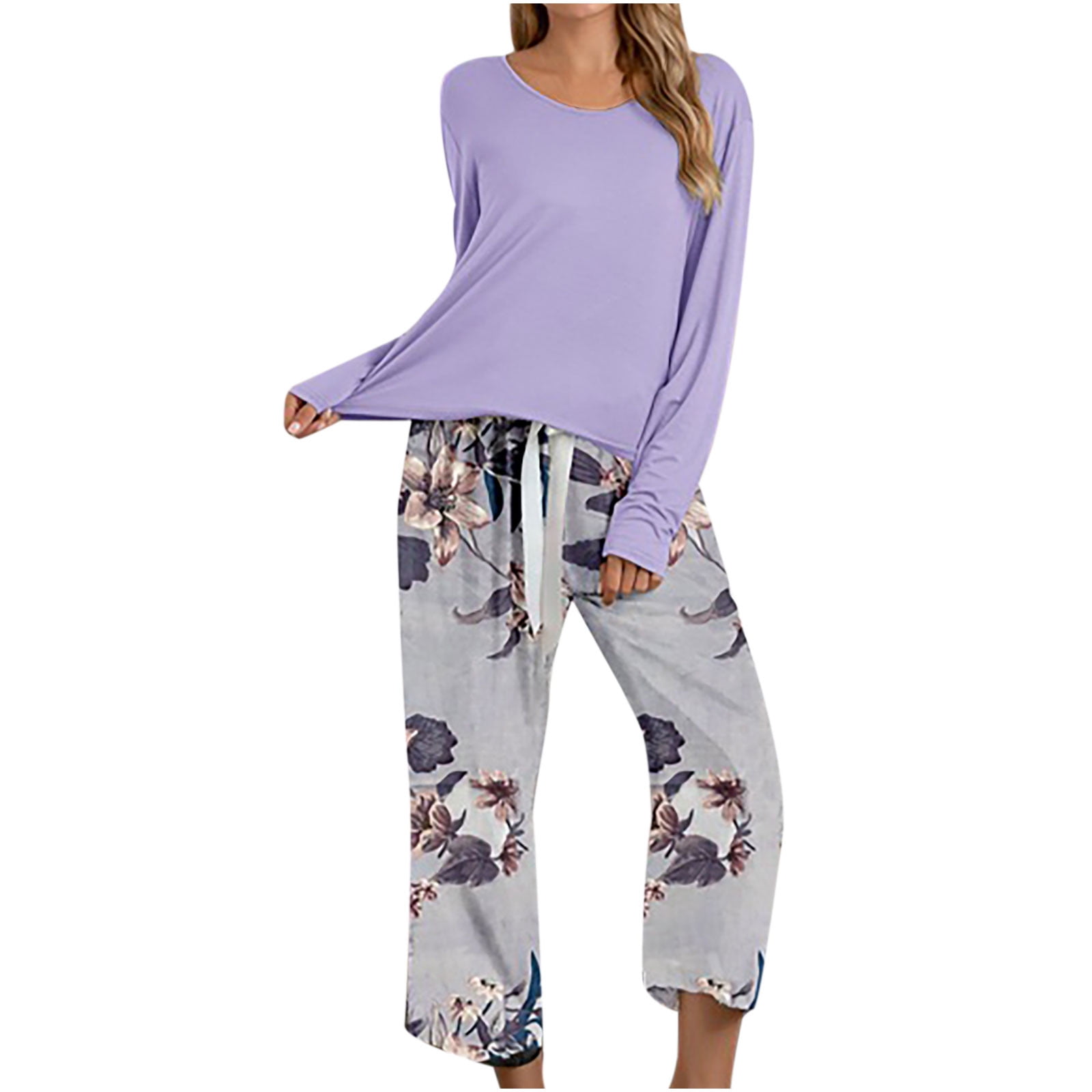 YWDJ Two Piece Outfits for Women Fall Going Out Women Two Piece Set Soft  Color Block Printing Long Sleeve O Neck Fall Tops Long Hight Waist Trousers  Pants Casual Suit Purple XL 