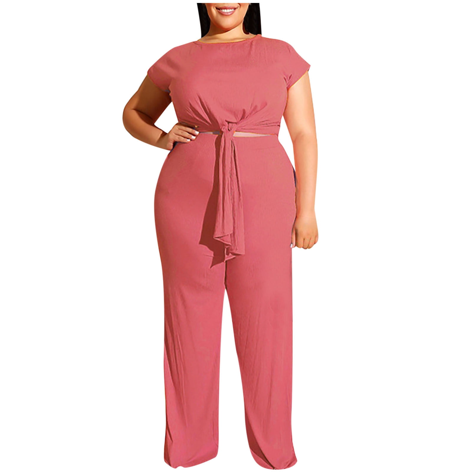 YWDJ Two Piece Outfits for Women Classy Women Plus Size Solid Short Sleeve  O Neck Bandage Pullover Leisure Tops + Long Pants Set Pink XL