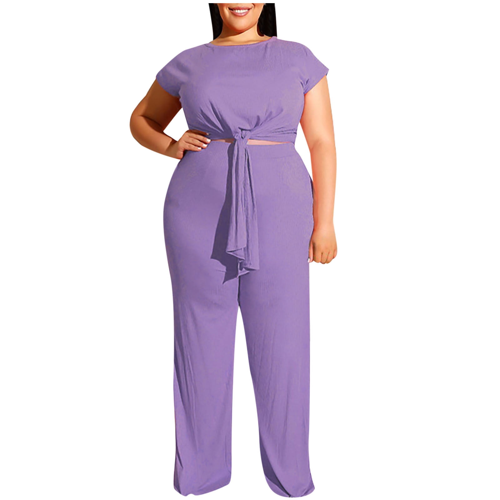 YWDJ Two Piece Outfits for Women Classy Women Plus Size Solid Short Sleeve  O Neck Bandage Pullover Leisure Tops + Long Pants Set Purple L 