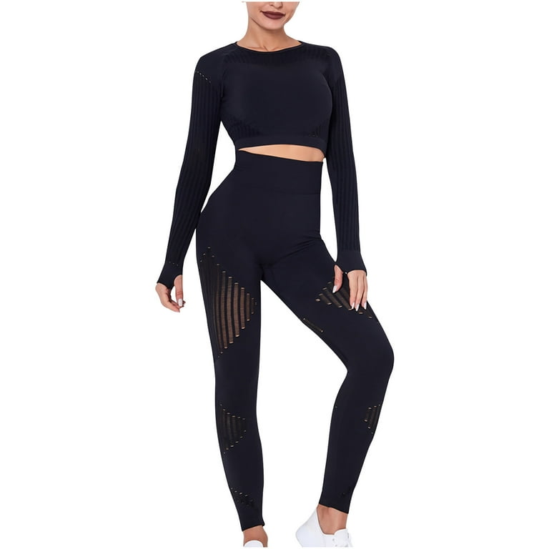YWDJ Two Piece Outfits for Women Dressy Ladies Seamless Hollow Yoga Long  Sleeve Yoga Suit Sports Fitness Running Yoga Set Black S 