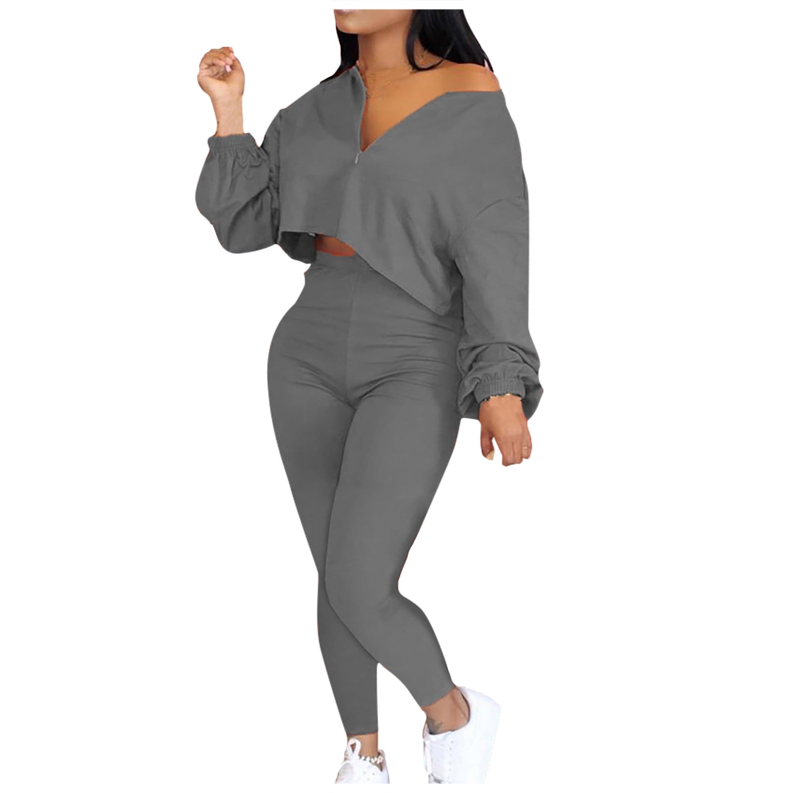 Fashion Plus Size Women Fashion Sexy V-Neck Solid Color Leggings Casual Two  Piece Set