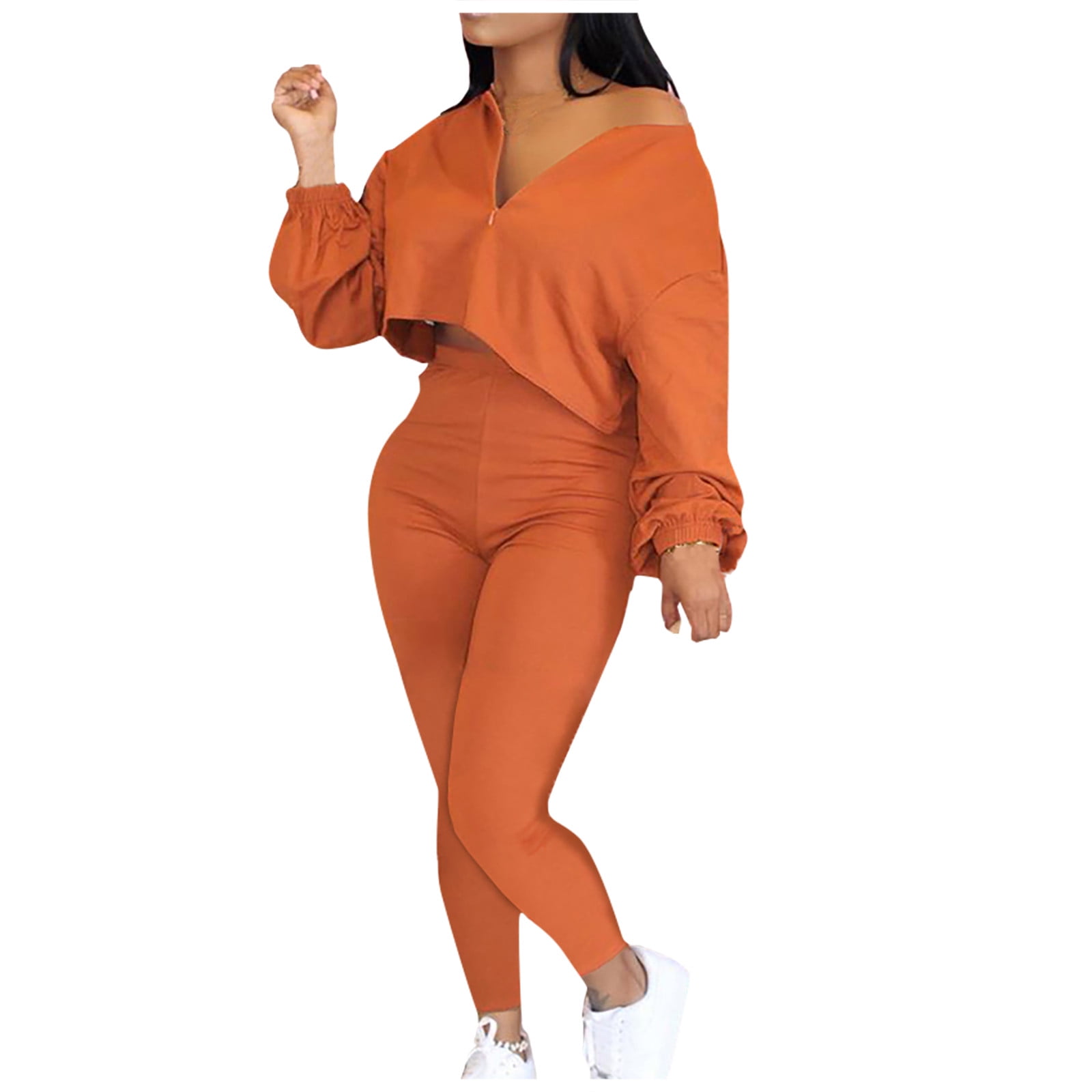 YWDJ Two Piece Outfits for Women Dressy Pants Set Fashion V-neck Long Sleeve  Short Top Casual Pants Set Orange XXXL 