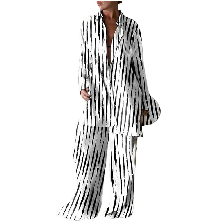 YWDJ Two Piece Outfits for Women Dressy Plus Size Ladies Fashion Casual  Trend Print Loose Long Sleeve Shirt Straight Leg Pants Suit White XL