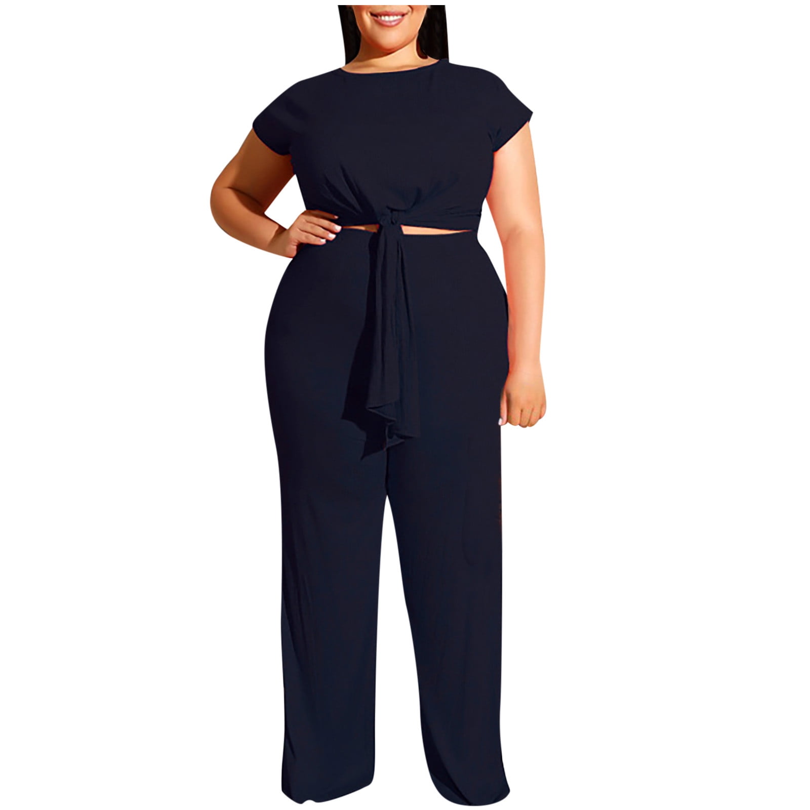YWDJ Two Piece Outfits for Women Dressy Women Plus Size Solid Short Sleeve  O Neck Bandage Pullover Leisure Tops + Long Pants Set Navy XL 