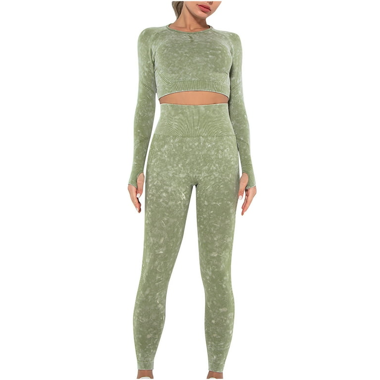 YWDJ Two Piece Outfits for Women Fall Ladies Seamless Hollow Yoga Long  Sleeve Yoga Suit Sports Fitness Running Yoga Set Green M 