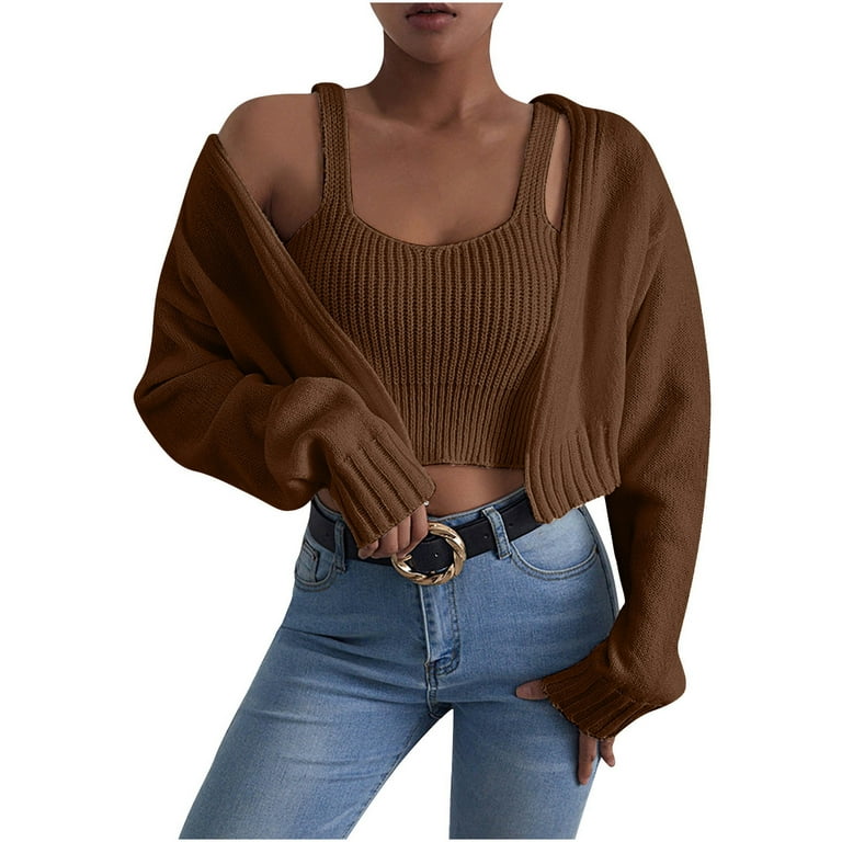 YWDJ Two Piece Outfits for Women Going out Plus Size Casual Knit Sweater  Jacket And Knit Sling Autumn Winter Top Brown S 
