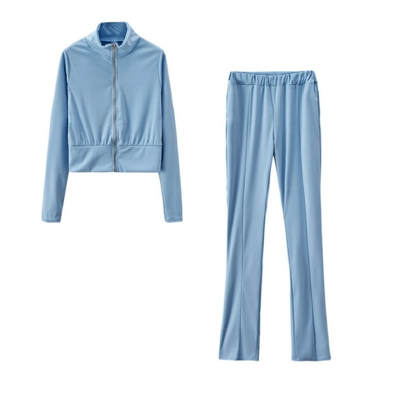 YWDJ Two Piece Outfits for Women Going out Plus Size Fashion Zipper Solid Color Sweat Shirt Top And Pant Tracksuit Sport Suit Sky Blue M