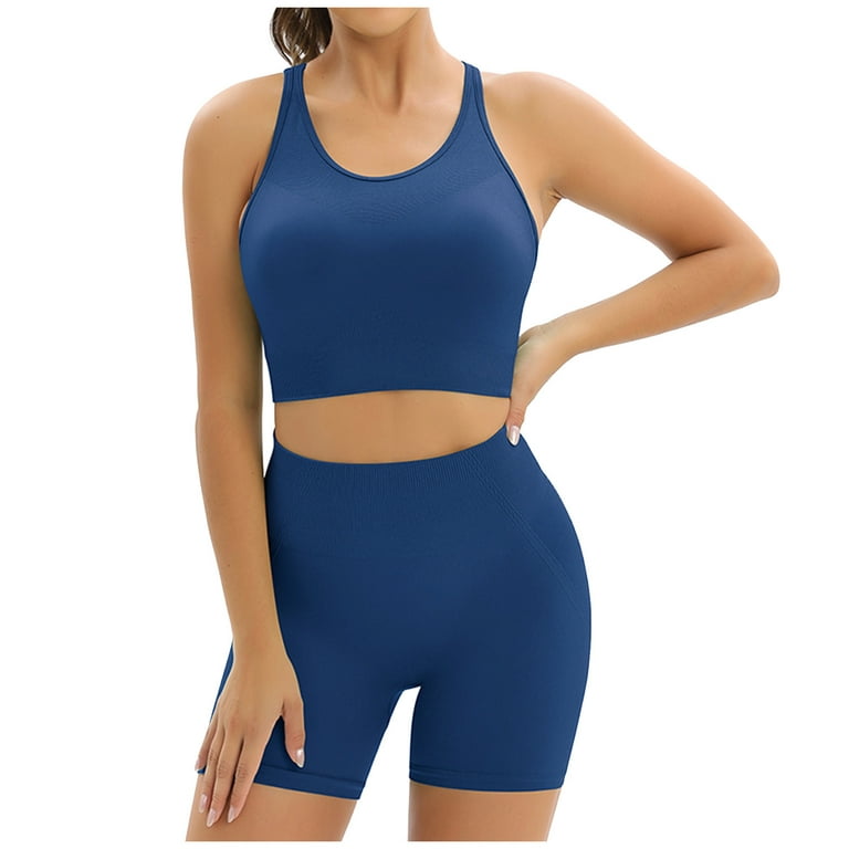 YWDJ Two Piece Outfits for Women Ladies Seamless Hollow Yoga Sleeveless Yoga  Suit Sports Fitness Running Yoga Set Navy M 