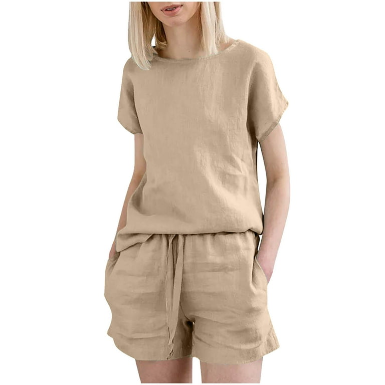YWDJ Two Piece Outfits for Women Plus Size 2PC Casual Summer Sports Suit  Round Neck Sloid Short Sleeve Shorts Set Khaki S 