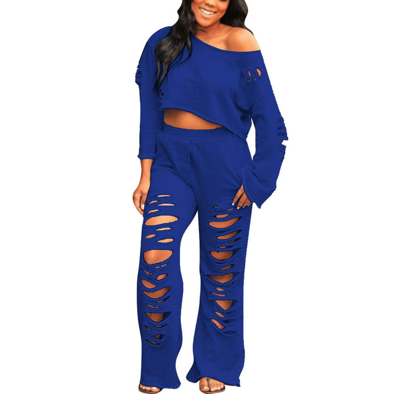 YWDJ Two Piece Outfits for Women Plus Size Dressy ’s Casual Fashion Hollow  Out Solid Color Off Shoulder Ripped Top Trousers Pants Set Blue L