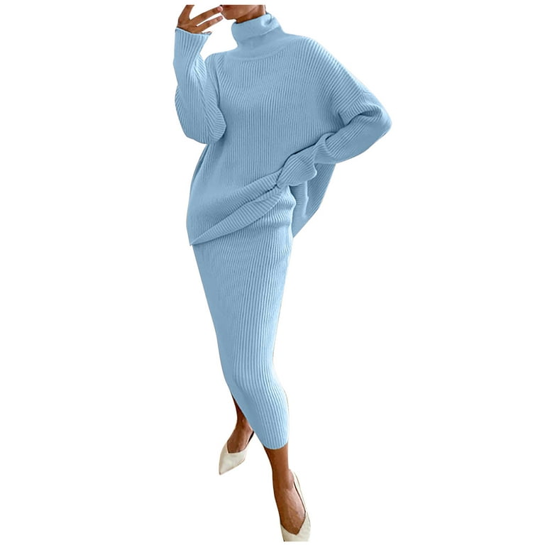 YWDJ Two Piece Outfits for Women Skirt Summer Casual Solid Knitting Slimming  Hip Wrap Long Sleeve Turtleneck Sweaters Skirt Suit Light Blue XXL 