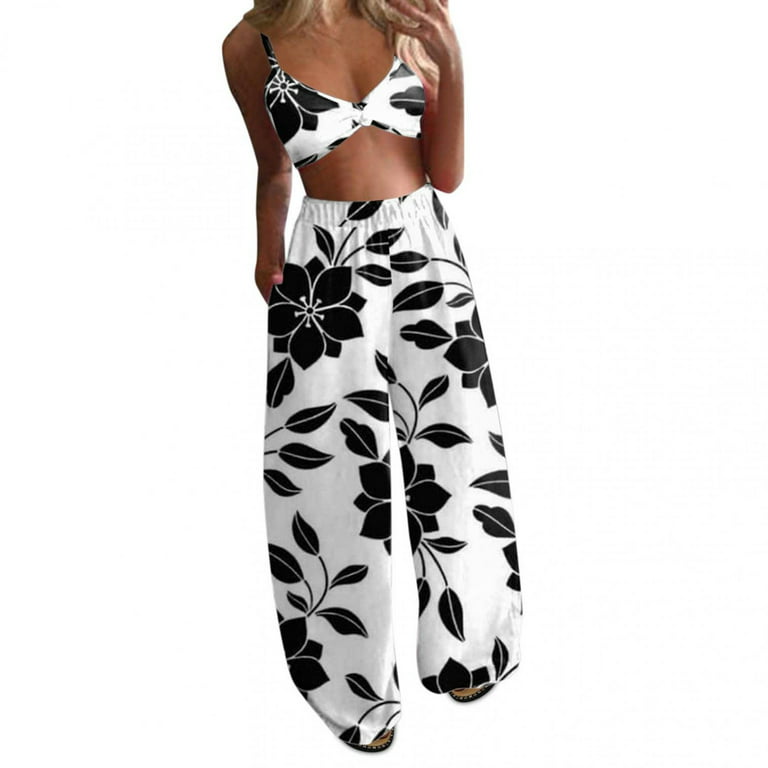 YWDJ Two Piece Outfits for Women Summer Bohemian Floral Print Crop Tops+Pants  Wide Leg 2 Piece Set Black XL 