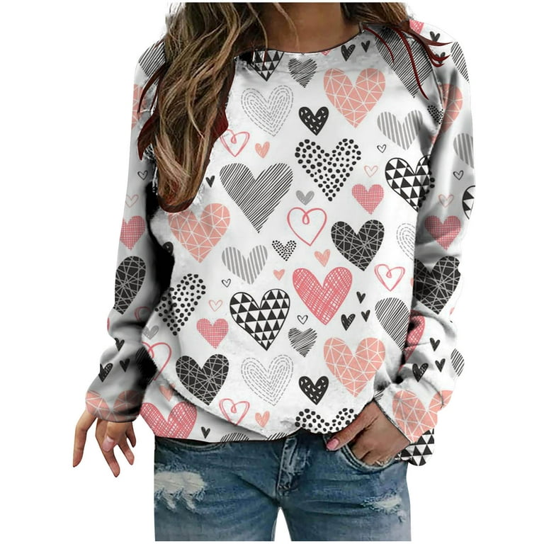 Valentine's Day Fashion Crew Neck Sweatshirts for Women Cute Heart Graphic  Print Pullover Tunic Tops Long Sleeve(White,L) 