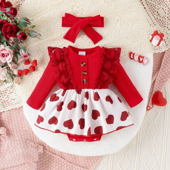 YWDJ Valentines 3-18 Months Old Valentines Day Onesie Spring Summer Round Collar Ruffle Patchwork Love Hem Long Sleeve Openable Hoodie+Bow Hairband Red 3 Months