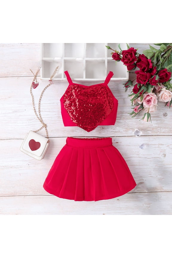 YWDJ Valentines 6 Months-4 Years Valentines Day Spring Summer Short Skirt Set Camisole Sequins Love Vests Pleated Short Skirt Set Two Pcs Red 18 Months