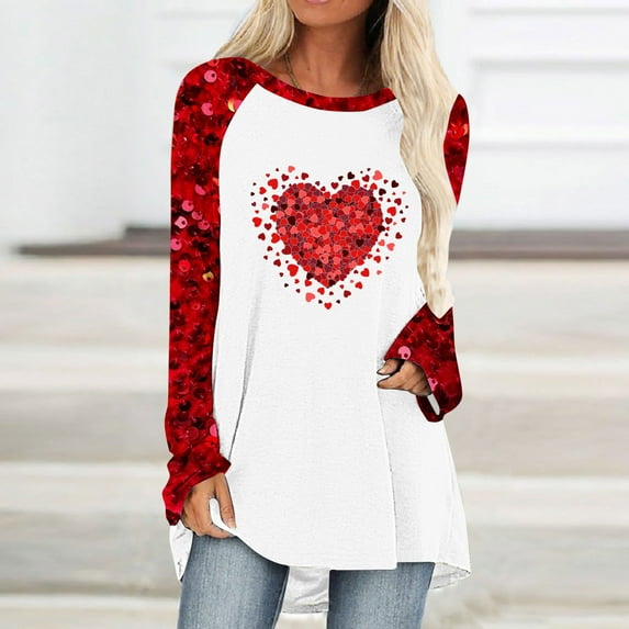 YWDJ Valentines Day Tops for Women Dressy Long Sleeve Plaid Tops Valentines Day Shirts for Women Graphic Tees Trendy Hearts Print Blouses Crew Neck Pullover Tops Raglan Sleeve Tees Tops Red L