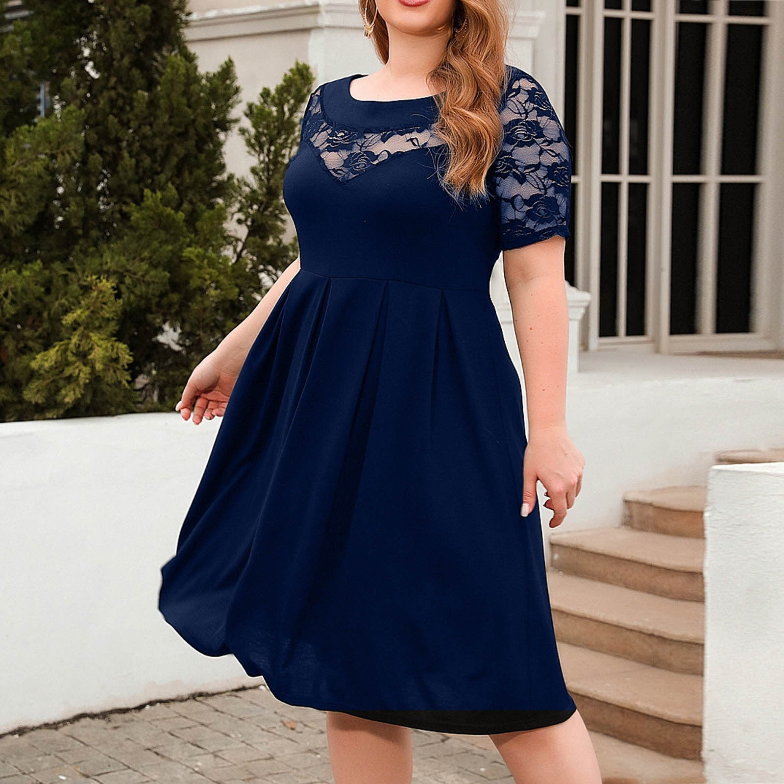 YWDJ Wedding Guest Dresses for Women Formal Dresses Summer Plus Size Casual  Lace Short Sleeve Oversize Round Neck Solid Sleeve Loose for Wedding Guest  Evening Party Graduation Birthday Party Tea Party -