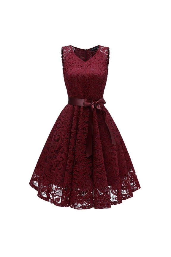 YWDJ Wedding Guest Dresses for Women Plus Size Long Sleeve Women Vintage Princess Floral Lace Cocktail V-Neck Party Aline Swing Dress Wine M