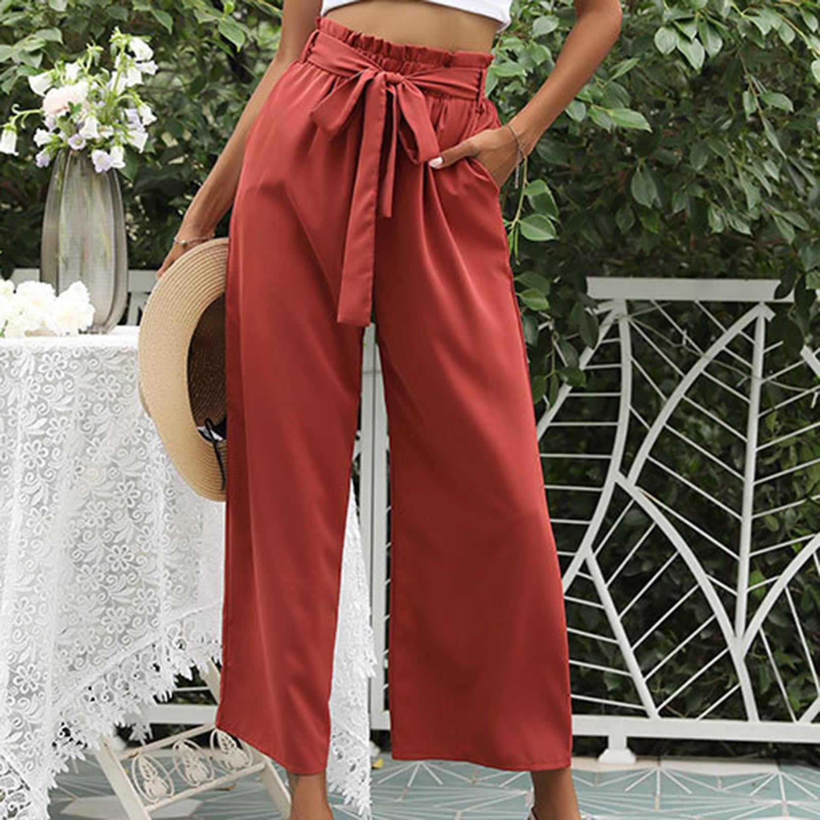 YWDJ Wide Leg Pants for Women Casual High Waist High Rise Wide Leg Trendy  Casual with Belted Long Pant Solid Color High-waist Loose Pants A Popular  Choice for Everyday Wear Work Casual Event 5-Red M 