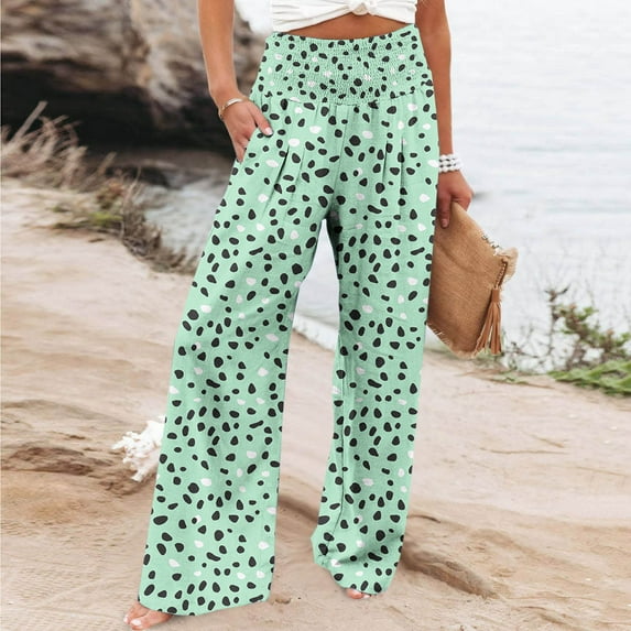 YWDJ Wide Leg Pants for Women Dressy High Waist Plus Size Lounge Pants with Pockets Wide Leg Elastic Waist Full Length Trouser Loose Beach Pants Flowers Multicolor L Tall Breathable Summer Clothes