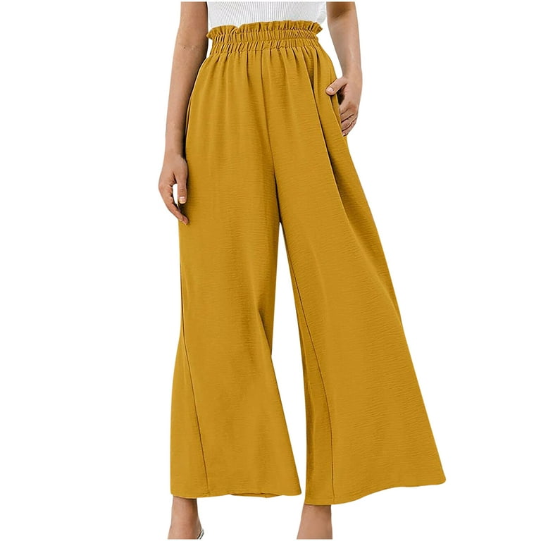 YWDJ Wide Leg Pants for Women Women Casual Solid Cotton Linen Drawstring  Elastic Waist Long Wide Leg Pants Yellow XS 