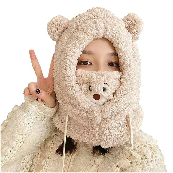 YWDJ Winter Hats Cute Bear One-Piece Hat Women Winter Cycling Warm Windproof Autumn Winter Bear Hat Scarf Winter Scarf Khaki One Size