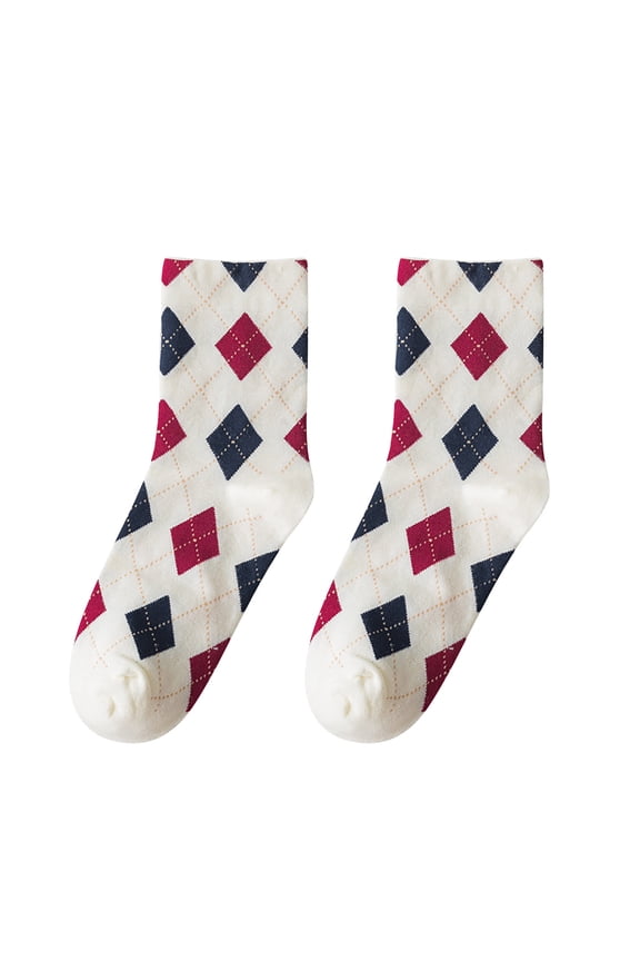 YWDJ Winter Socks Women Fashion Argyle Pattern Print England Style Cotton Middle Tube Socks White