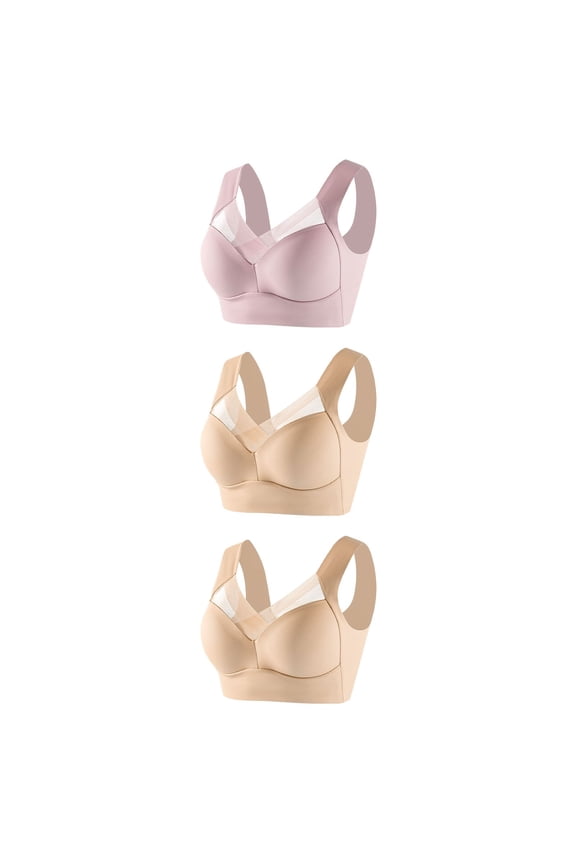 YWDJ Wireless Bras for Women Plus Size Full Coverage 3 Pack Pull on Push up No Wire Comfort Straps Support Lace Bralette Breathable Soft Bra for All Shapes Sagging Breasts Beige 4XL