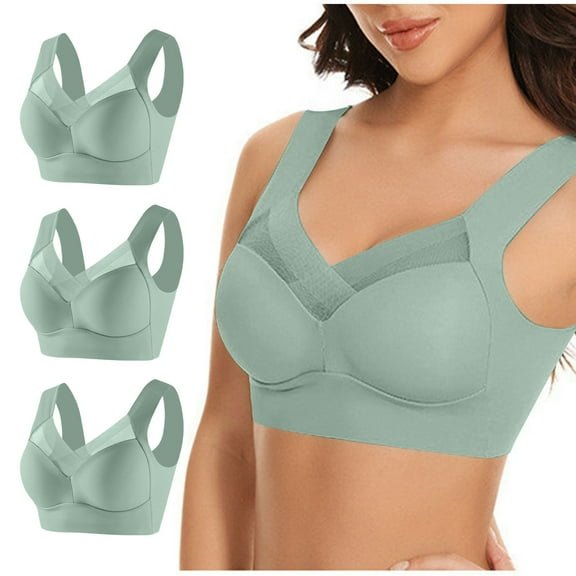 YWDJ Wireless Bras for Women Plus Size Full Coverage 3 Pack Pull on Push up Wirefree Comfort Straps Support Bralette Breathable Soft Bra for All Shapes Sagging Breasts Green 2XL