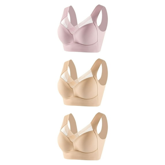 YWDJ Wireless Bras for Women Plus Size Full Coverage 3 Pack Pull on Push up Wirefree Comfort Straps Support Lace Bralette Breathable Soft Bra for All Shapes Sagging Breasts Beige 5XL