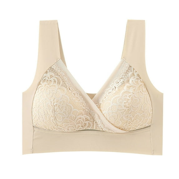 YWDJ Wireless Bras for Women Plus Size Full Coverage Push up No Underwire Comfort Straps Support Lace Bralette Breathable Soft Bra for All Shapes Sagging Breasts Beige 2XL