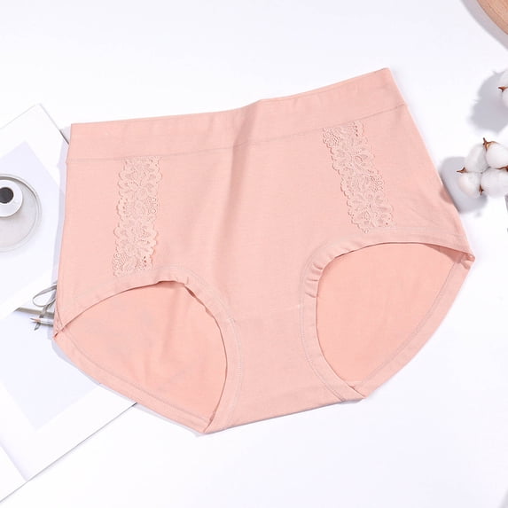 YWDJ Women Brief Panties Cotton Breathable Lace Lightweight No Show Mid-Waist Seamless Lace Cotton Underwear Pink One Size