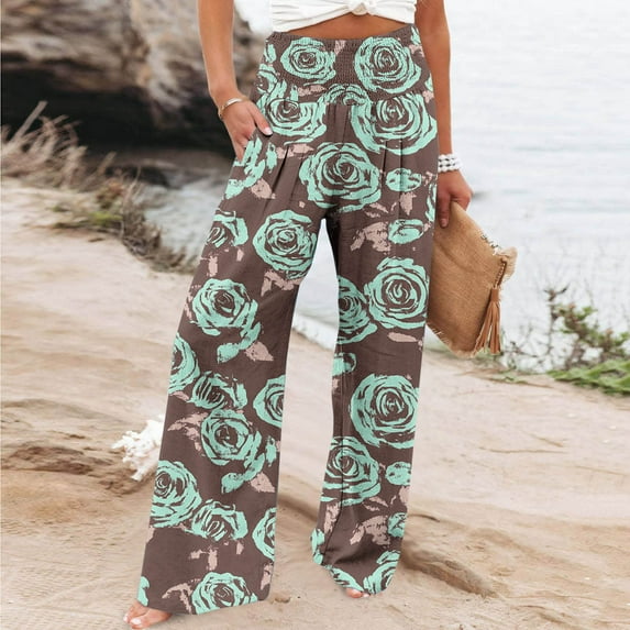 YWDJ Women's Casual Pants Pockets Wide Legs High Waist Plus Size Lounge Pants Wide Leg Elastic Waist Full Length Trouser Loose Long Beach Pants Flowers Multicolor 2XL Tall Breathable Summer Clothes