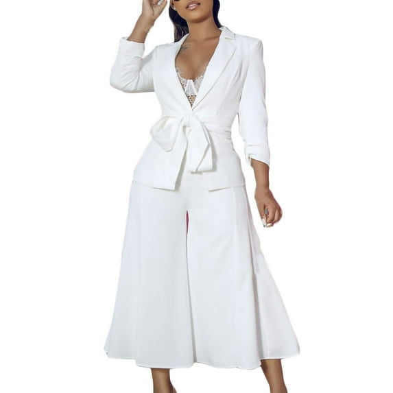 YWDJ Two Piece Outfits for Women Dressy Plus Size Long Sleeve Solid Suit Pants Casual Elegant Business Suit Sets White XXL