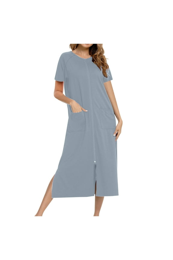 YWDJ Women's Robes Full Length Gray Long Lightweight Solid Short Sleeve with Pockets Pajamas 2XL