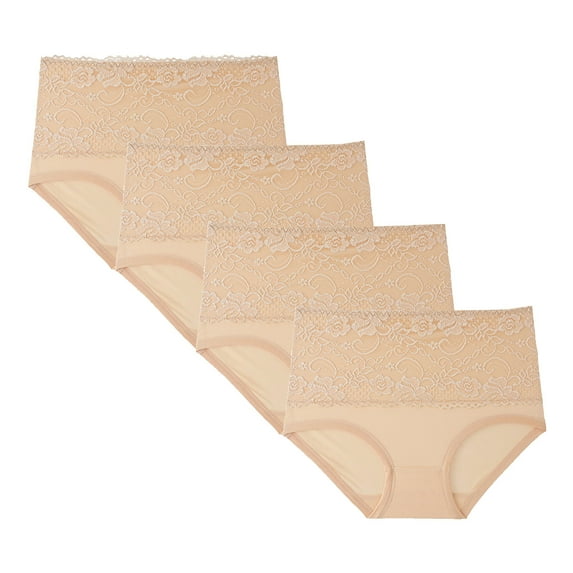 YWDJ Women's Underwear 4PC Women Lace High Waisted Body Shaper Shorts Shapewear Tummy Control Panties Beige L