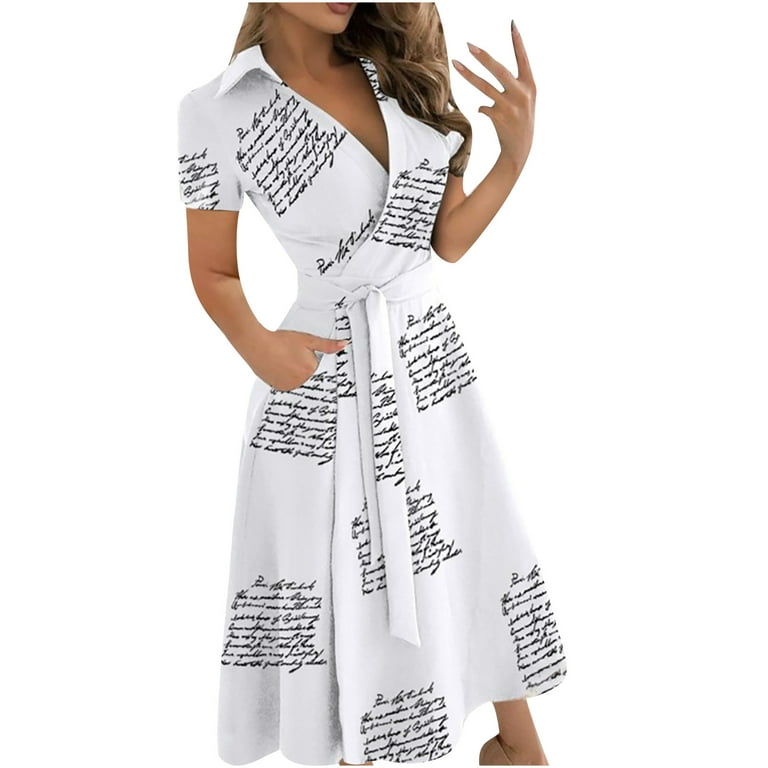 YWDJ Womens Dresses Casual Casual Loose Bandage Short Sleeve Printing  V-Neck Ankle-Length Dress Spring Summer Dresses for Women 2023WhiteXL 