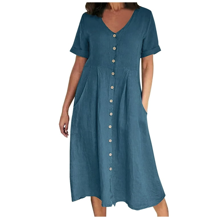 YWDJ Womens Dresses Casual Midi Length Fashion Summer Casual V-Neck Solid  Short Sleeve Button Pocket Cotton Linen Dress Spring Summer Dresses for  Women 2023Sky BlueS 