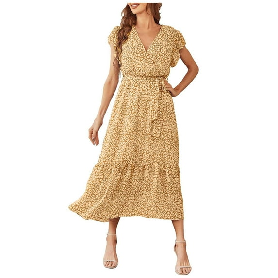 YWDJ Womens Dresses Casual Midi Length ’s Dresses Short Sleeve V-Neck Ruffle Floral Printed Midi Dress With Belt Spring Summer Dresses for Women 2023CoffeeL
