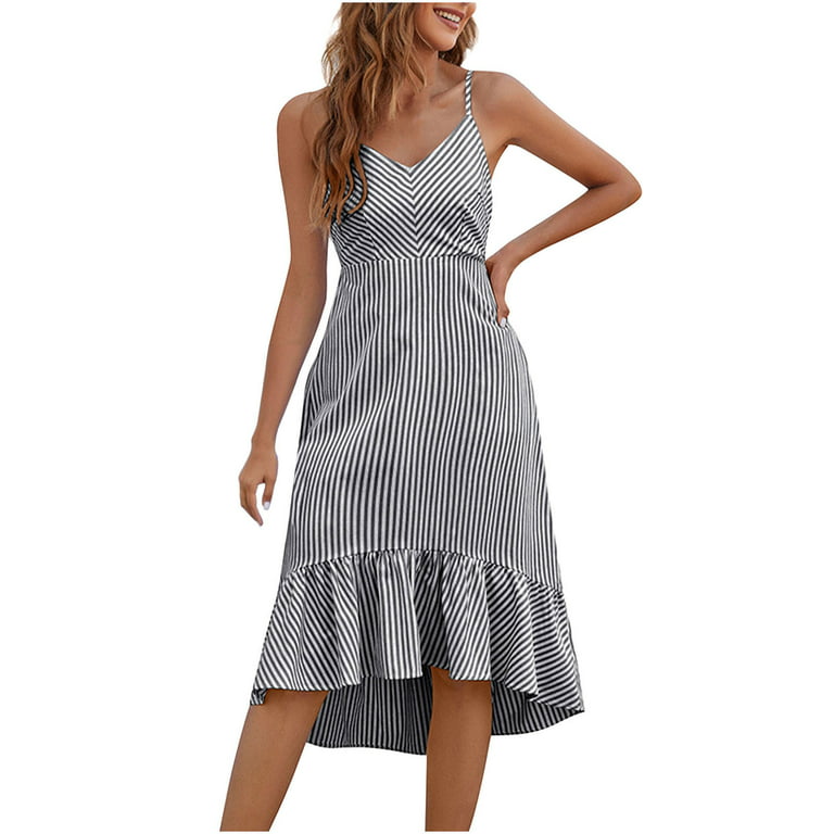 YWDJ Womens Dresses Midi Length Dressy Casual Fashion Summer Sling  Mid-waist V-neck Sleeveless Strapless Striped Dress Spring Summer Dresses  for Women 2023BlackS 