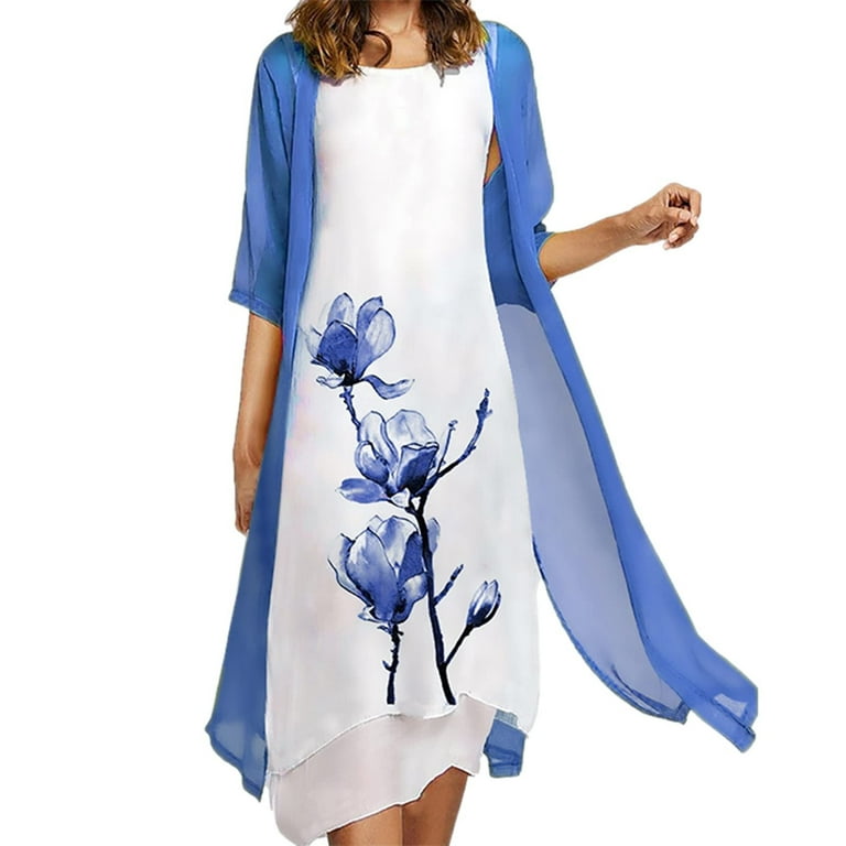 YWDJ Womens Dresses Midi Length Plus Size Fashion Casual Floral Printing  O-Neck Sleeveless Dress Solid Coat Two-Piece Set Spring Summer Dresses for  Women 2023 Dark Blue XXL 